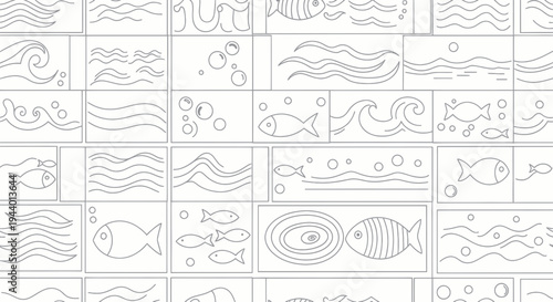 Hand-drawn Line Art: Fish and Waves Seamless Pattern, Sketchy Doodle Style