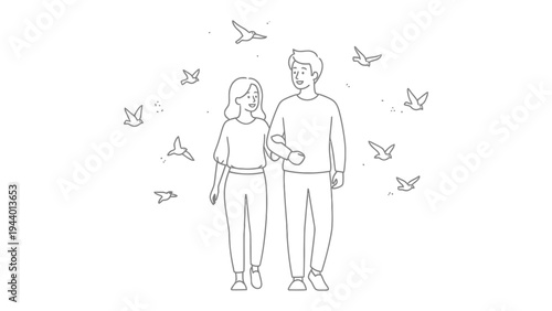 Harmony in Every Step: A couple walking together, symbolizing companionship and shared journey, surrounded by soaring birds.