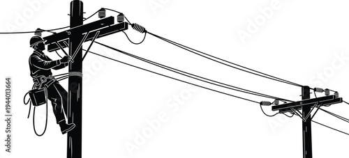  Electric lineman repairing utility pole silhouette, electrical worker maintaining overhead power lines, electricity distribution infrastructure service, high voltage cable maintenance