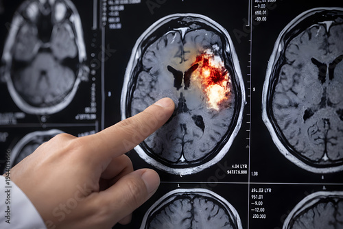 Brain MRI scan showing tumor diagnosis, doctor finger pointing at abnormal cerebral lesion on medical imaging screen, neurology radiology examination close up, healthcare analysis for oncology and str