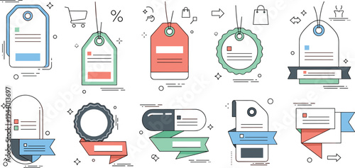 Price tag and product label line icons set with discount tag badge ribbon sticker and sale label for ecommerce retail marketing vector illustration