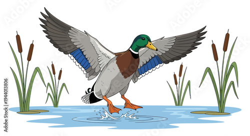 Mallard Duck Landing on Water with Cattails, Wings Spread