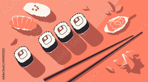 Minimalist illustration of various Japanese sushi rolls and nigiri with chopsticks, a modern flat design on a coral background.