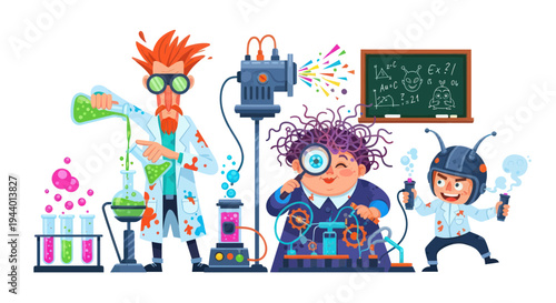 Mad Scientists Experimenting with Colorful Liquids and Futuristic Gadgets