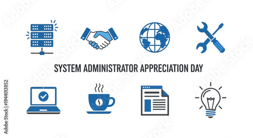 Blue and dark blue icons for System Administrator Appreciation Day arranged in two rows above text
