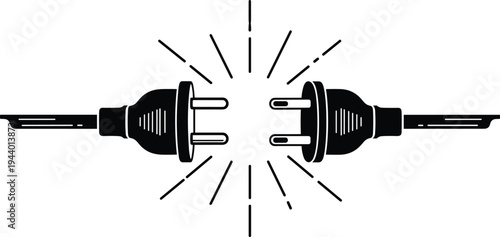 Electric plug connection symbol with spark energy effect, power cable connectors illustration, electricity supply concept, electrical technology vector icon