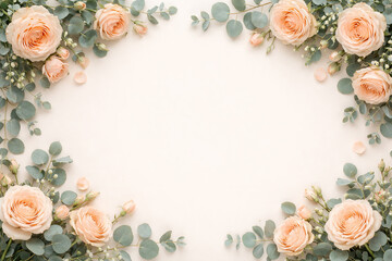 Elegant floral border with peach roses and eucalyptus leaves on soft neutral background
