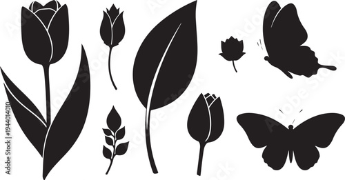 Black silhouettes of tulips and butterflies on white background