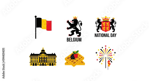 Collection of six Belgian cultural icons against a white background