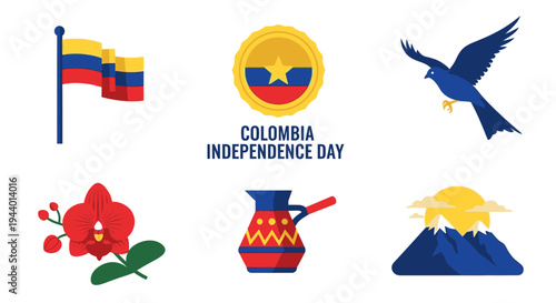 Flat icons representing Colombian Independence Day flag seal bird orchid coffee pot mountains