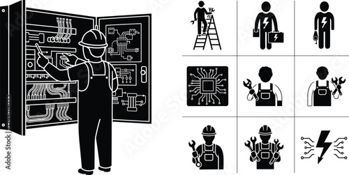  Electrician repairing electrical control panel with technician service icons, power distribution maintenance, engineering repair worker vector illustration, industrial electricity system concept