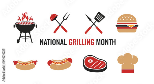Graphic celebrating National Grilling Month with cooking icons and food items
