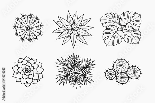 Set of six geometric floral mandala outline elements in black line art for coloring pages logos tattoo decoration ornaments and laser cut templates isolated on white background for design use