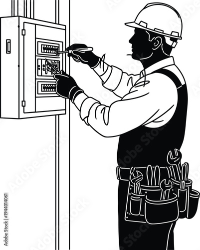 Electrician repairing electrical control panel, technician maintaining power distribution box, industrial electricity maintenance service worker, engineering vector illustration