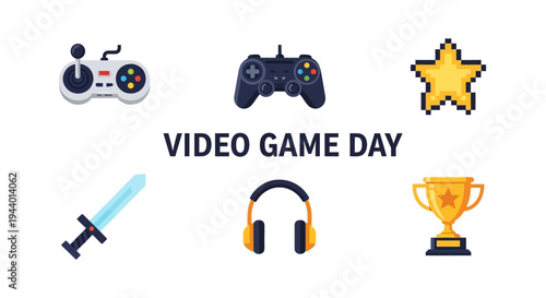 Graphic celebrating Video Game Day featuring controllers star sword headphones and trophy