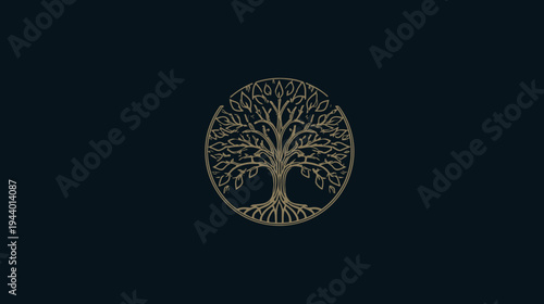 Elegant Tree of Life illustration in a circular frame on a dark background, symbolizing nature, growth, strength, and connection