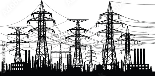 Industrial power plant skyline with high voltage transmission towers, electricity grid infrastructure silhouette, energy distribution network, factory industry landscape vector illustration