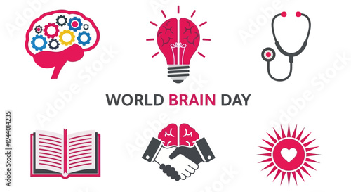 Graphic featuring six icons related to the brain centered around WORLD BRAIN DAY text