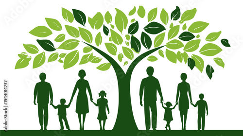 Green Family Tree Symbol with Silhouetted Generations, Representing Unity, Growth, Community, and Heritage
