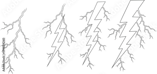Lightning bolt symbols with electric spark branches set, thunderstorm electricity icons, power energy strike shapes collection, vector illustration