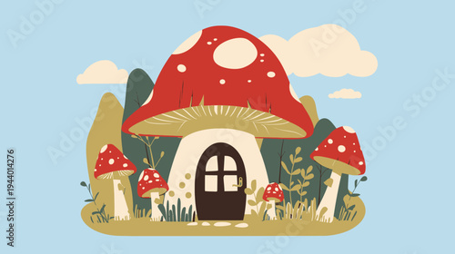 Whimsical Fairy Tale Mushroom House Illustration with Forest Foliage and Fantasy Toadstools