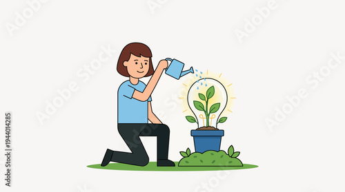 Illustration of a person watering a plant that has a lightbulb as its fruit, symbolizing new ideas and growth