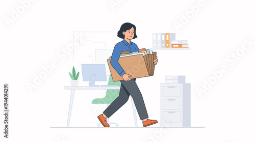 Illustration of a woman carrying boxes and files from an office, symbolizing job loss or relocation
