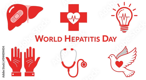 Red and white graphic design for World Hepatitis Day with icons