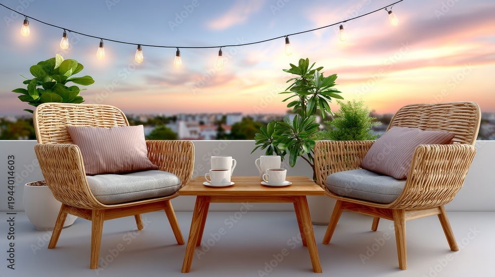 Fototapeta premium Cozy outdoor seating area with two wicker chairs and a wooden table, adorned with plants and illuminated by string lights at sunset on a balcony