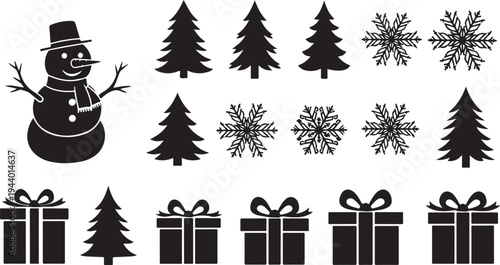 Christmas icons including snowman trees gifts and snowflakes