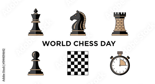 World Chess Day graphic with black and tan chess pieces board and clock