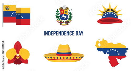 Venezuela Independence Day graphic with flag coat of arms flower hat and map