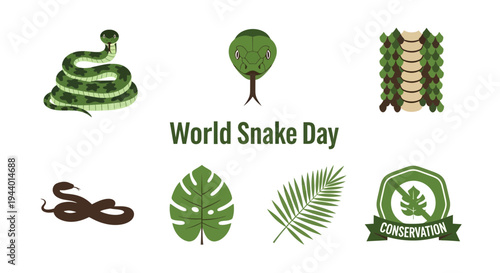World Snake Day graphic with green snake illustrations scales and tropical leaves