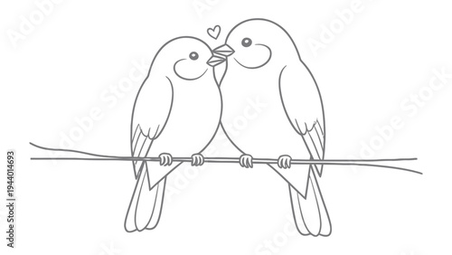 Love Birds' Harmony: Two charming birds perched on a slender branch share a moment of affection, with a delicate heart hovering above them, epitomizing the essence of love and companionship.