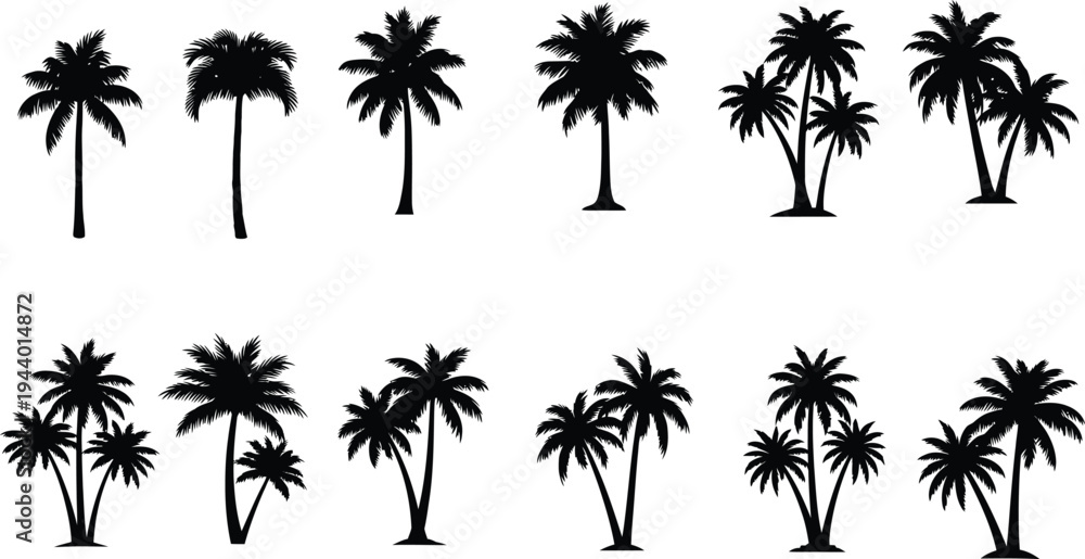 Naklejka premium Tropical Palms Silhouette: An elegant collection of palm tree silhouettes showcasing the iconic shapes of these tropical emblems, ideal for conveying a sense of serenity and exotic locales.