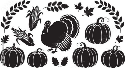 Thanksgiving icons including turkey, pumpkins, and fall leaves illustration