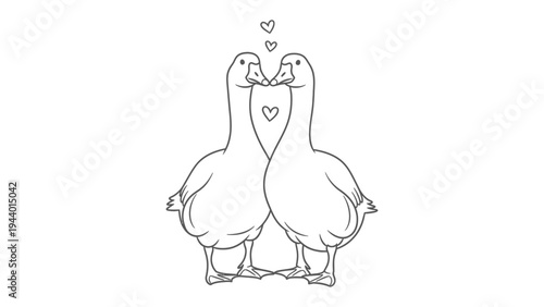 Couple of Geese in Love: A charming line drawing depicts two geese nuzzling each other with hearts floating above, symbolizing affection and a deep bond.