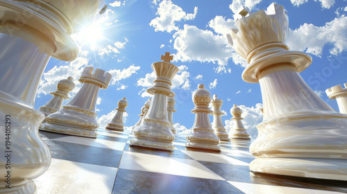 Vibrant depiction of chess pieces on checkered board under bright sky, evoking sense of strategy and competition