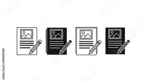 Four grayscale icons of documents with images and pencils on a white background in a flat lay composition.