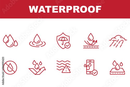 Waterproof icon set, water resistant symbols, liquid proof protection, hydrophobic surface, anti-wetting material, shield with water drop, rainproof fabric, outdoor safety vector illustration