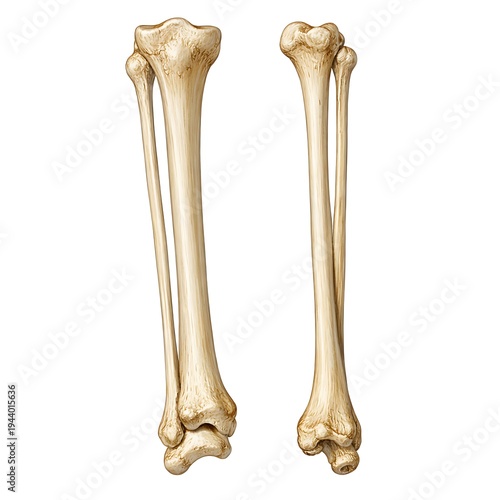 Human Tibia and Fibula Anatomy Illustration - Front and Side View of Lower Leg Bones Isolated on White Background