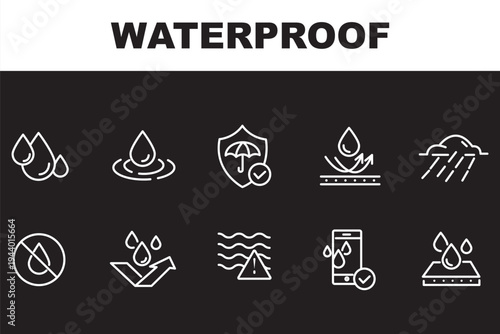 Waterproof icon set, water resistant symbols, liquid proof protection, hydrophobic surface, anti-wetting material, shield with water drop, rainproof fabric, outdoor safety vector illustration