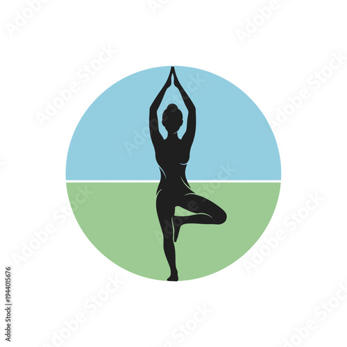 Silhouette of a woman in a yoga tree pose.