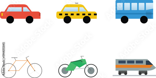 Set of 6 transportation icons vector, cars, bus, bicycle, motorcycle