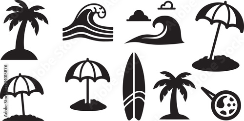 Black Silhouettes of Beach Icons and Summer Symbols