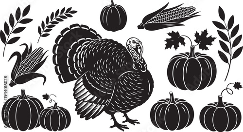 Black and white illustration of a turkey with pumpkins