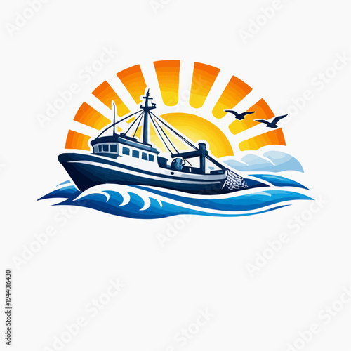 Dynamic fishing boat emblem with ocean waves gulls and sunrise rays in bold blue orange and white colors creating a strong nautical logo for seafood brands marine businesses and coastal identity