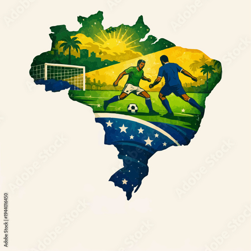 Brazil map shaped soccer illustration with national flag colors tropical scenery goalpost and players celebrating football passion teamwork national pride and world sport culture in a dynamic design
