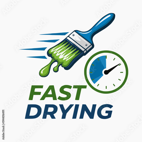 Fast drying paint logo featuring a brush with green paint motion streaks and a speedometer icon creating a bold branding element for coatings renovation services decorators and quick cure products