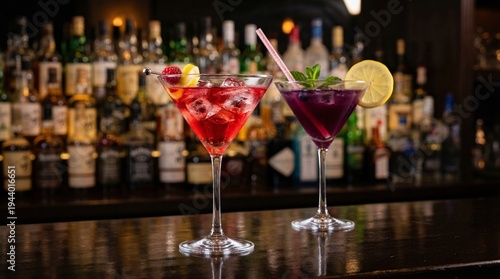Professional studio photograph of two vibrant colorful cocktails in martini glasses with ice and garnishes on a dark bar counter with a blurred background of liquor bottles